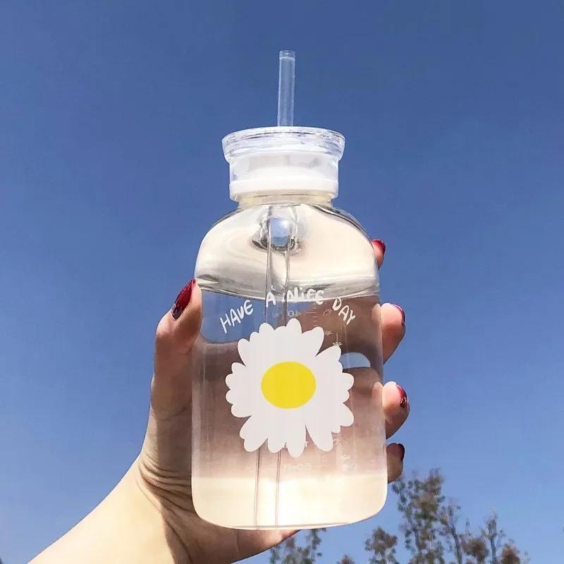 300-750ml Double Lid Water Bottle High Borosilicate Glass Water Cup with Straw Korean Portable Milk Juice Cup with Time Marker