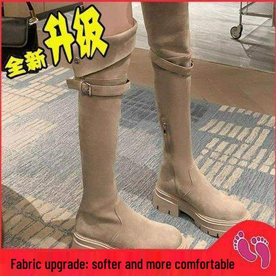 

Женские замшевые двусторонние ботфорты выше колена с мехом, Осень/Зима 2025, толстая подошва, подходят для маленькой/полной икры 40