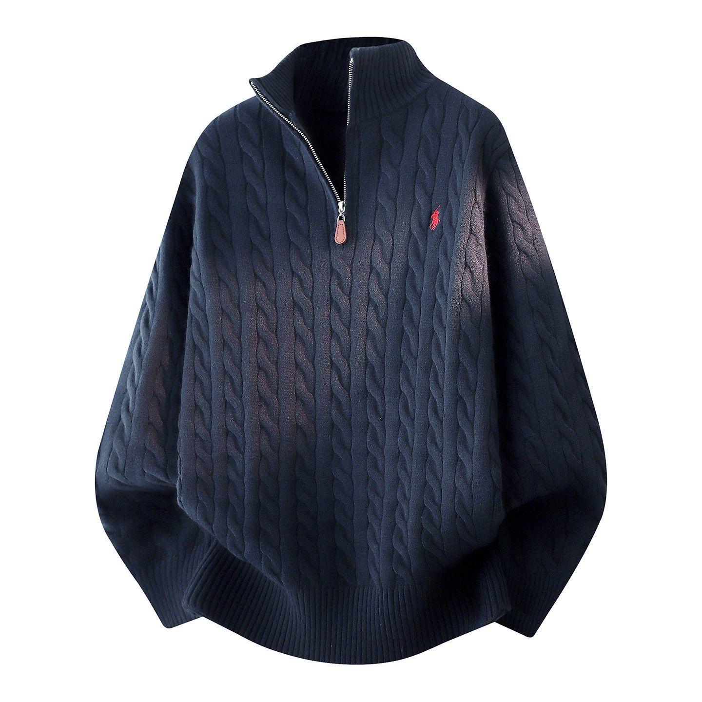 Men s Navy Blue Knit Sweater with Stand Collar, Lace Embroidery, and Cable Knit Zipper XL