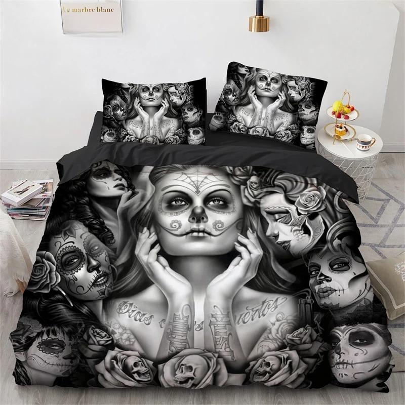 Anime skeleton girl black bridal bedding set duvet cover with zipper pillowcase, bedroom decoration single double bed boy gift