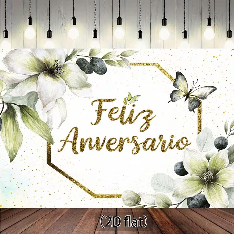 

2D Feliz Aniversario Photography Backdrop, Greenery & Gold Frame Decor 47.2x31.5inch/120*80cm