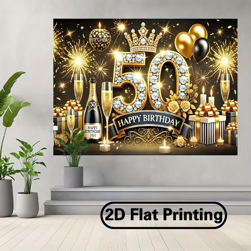 2D Luxury Black Gold 50th Birthday Backdrop Banner Glitter Crown Party Decor Background