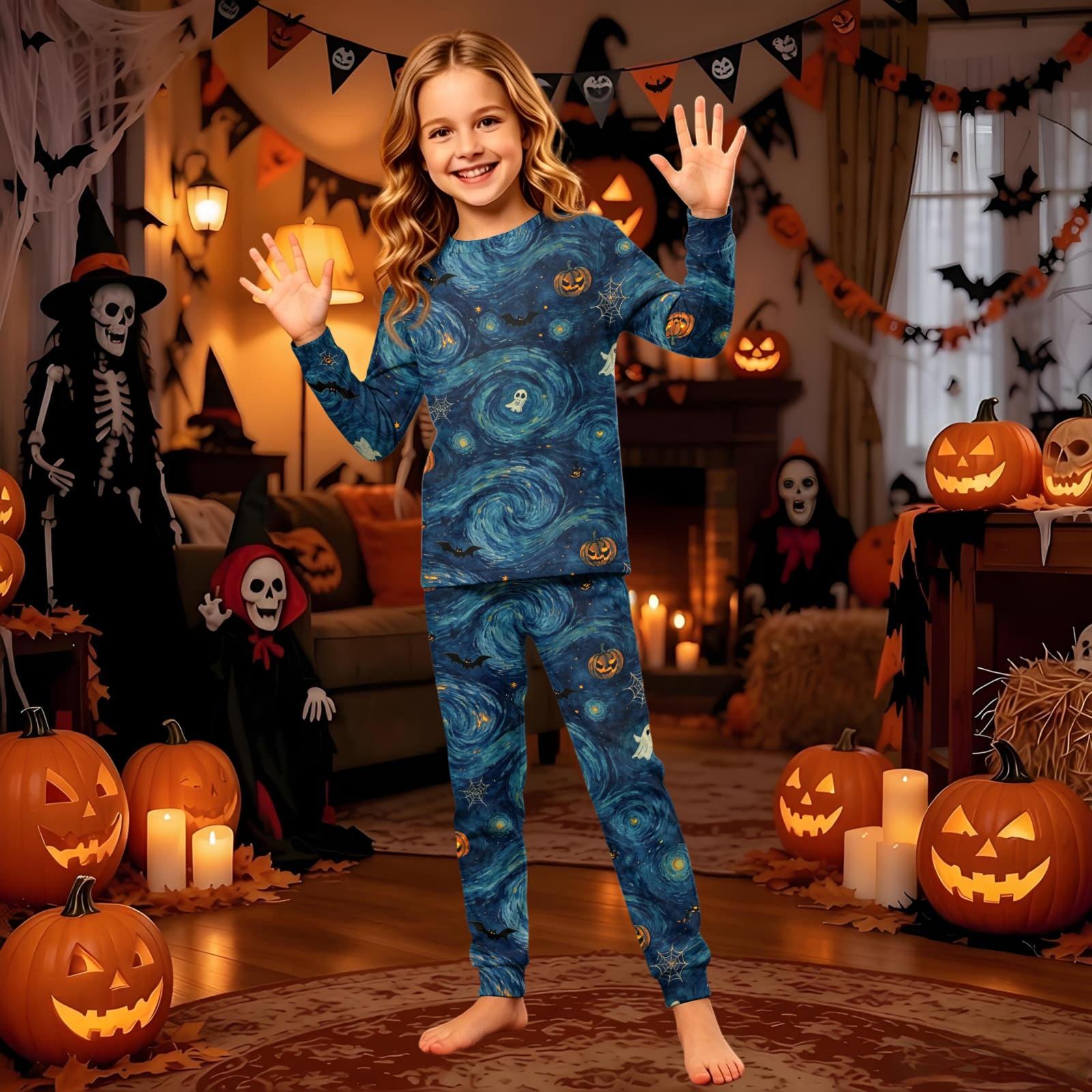 Family Matching Halloween Pajama Set - Black Printed Long Sleeve Neck Pajamas for Women, Men, Kids 3 Years