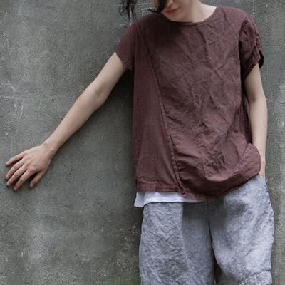 Women Patchwork Vintage T-Shirts O-Neck Short Sleeve Tees Summer Cotton Linen Women T-Shirts