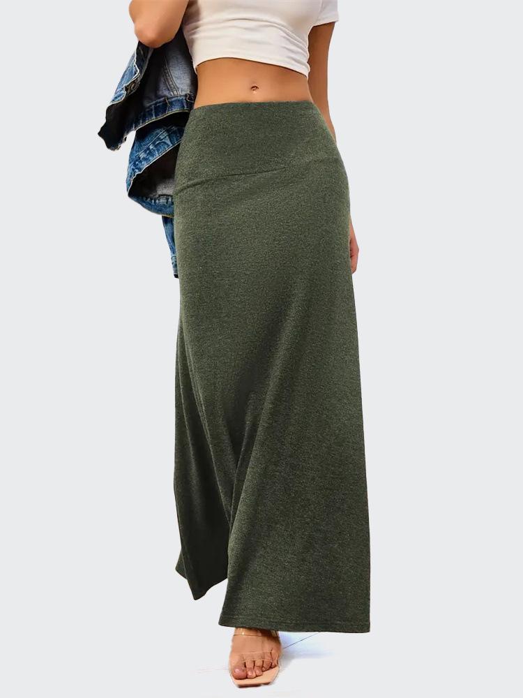 European & American Commuter A-Line Midi Skirt - Solid Color, Knit, Polyester-Cotton, Micro-Elastic, Spring/Autumn Wear