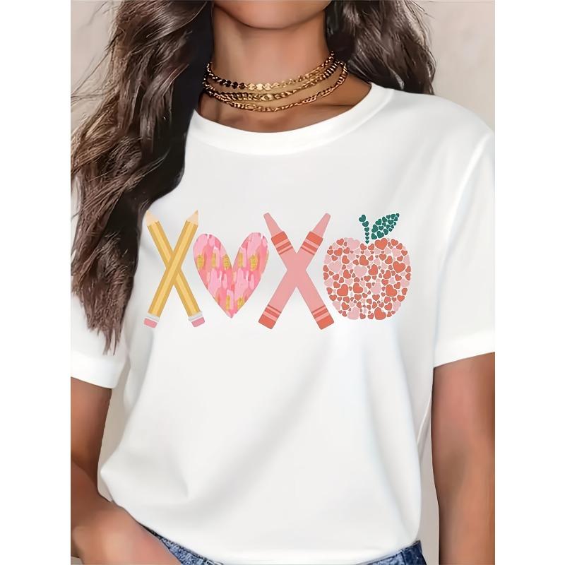 

European size Vintage XOXO Teacher T-Shirt - Soft Breathable Short Sleeve Shirt with Pencil Print XOXO, Unisex Casual Gift Suitable for Educators S белый
