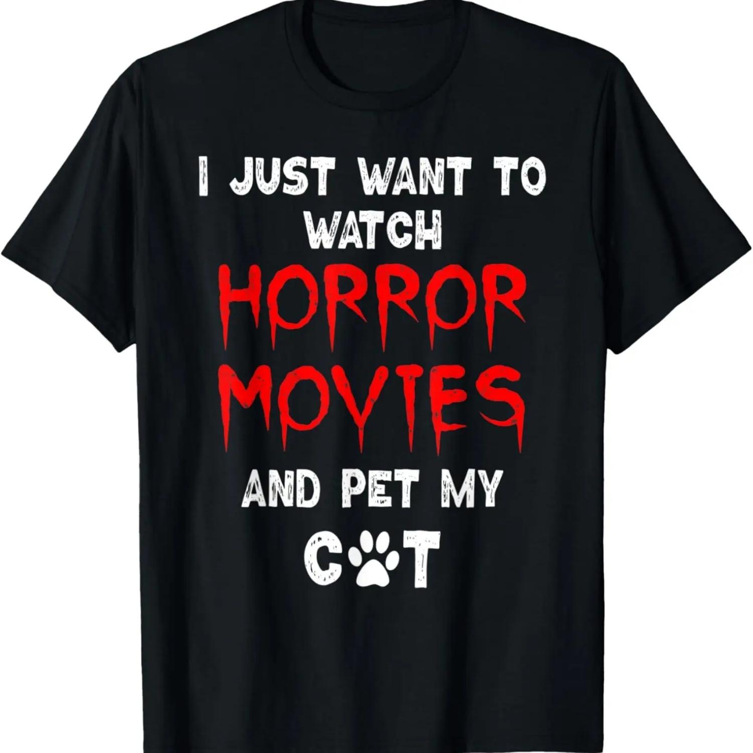 Horror Movie Shirt Funny Cat Lover Watching Horror Films T-Shirt S чёрный