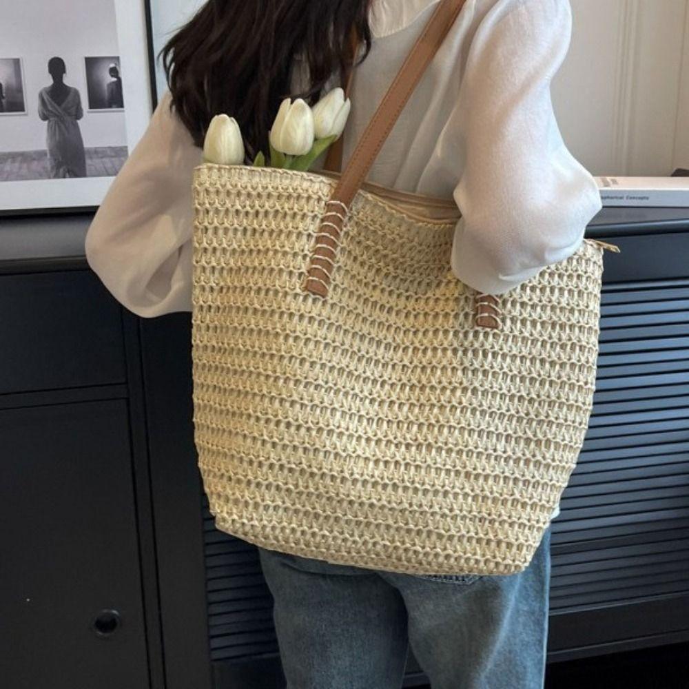 Solid Color Zipper Beach Bag Bohemian Style Hollow Tote Bag Trendy Weave Straw Bag  Streetwear