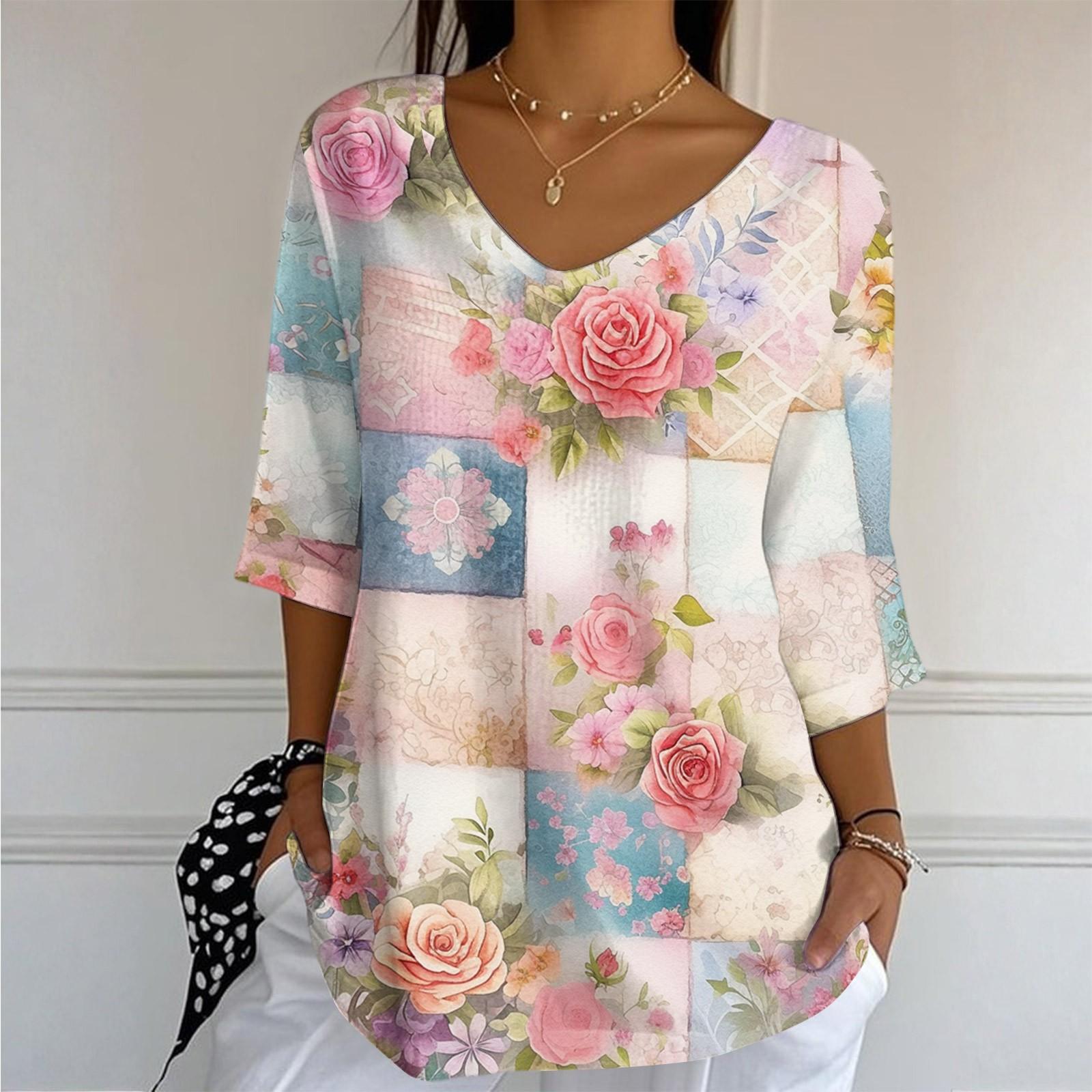 

Женский повседневный и модный топ с V-образным вырезом, цветочным принтом и рукавами три четверти M