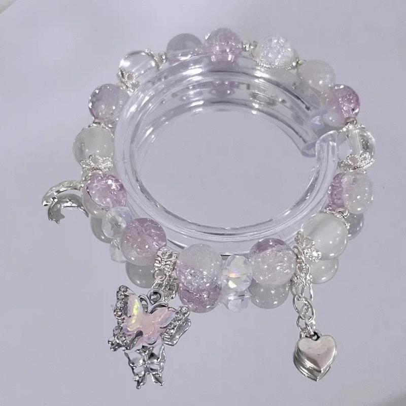 Bracciale con Perline e Ciondolo a Forma di Fiore Rosa di Cristallo Coreano e Farfalla per Donne, Catena Dolce con Perle, Gioielli Regalo per Fidanzata