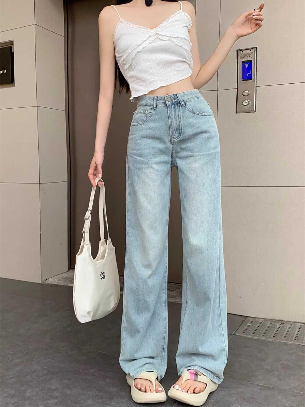 

High-Waisted Bow Embroidered Women s Jeans: Spring/Autumn 2026 Loose Straight Leg, Slimming Wide-Leg, Floor-Length Casual Pants S светло-синий