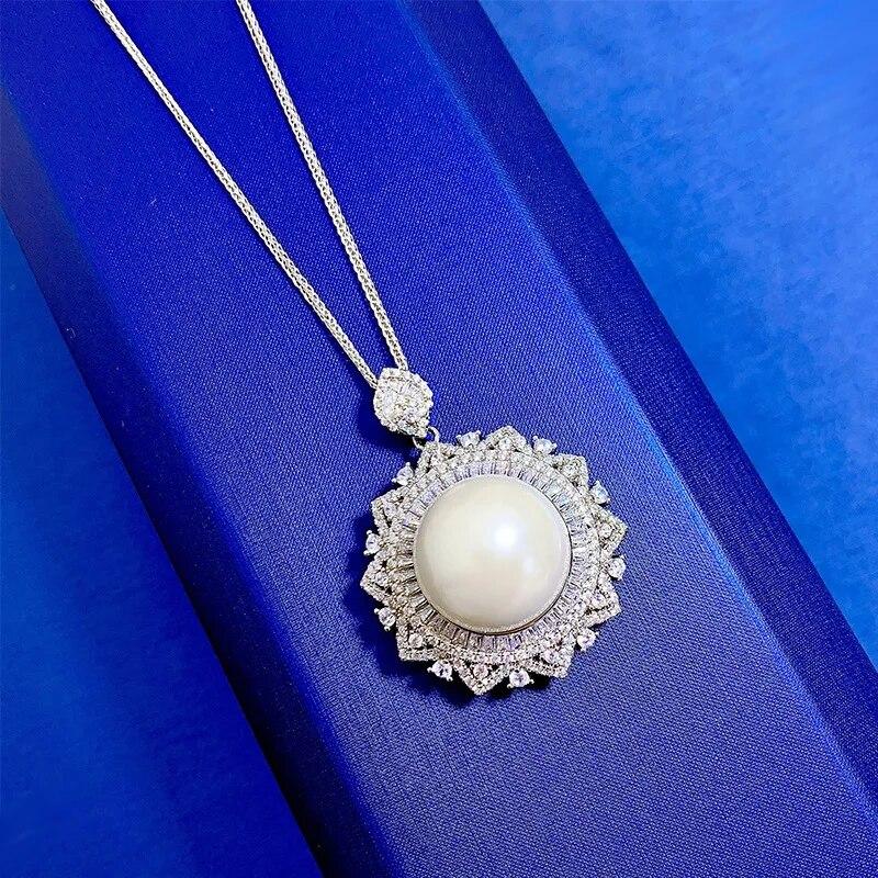 New 100% 925 Sterling Silver 8 Carat 16mm Big Pearl Necklace Sunflower Pendant Wedding Gifts Fine Jewelry Wholesale