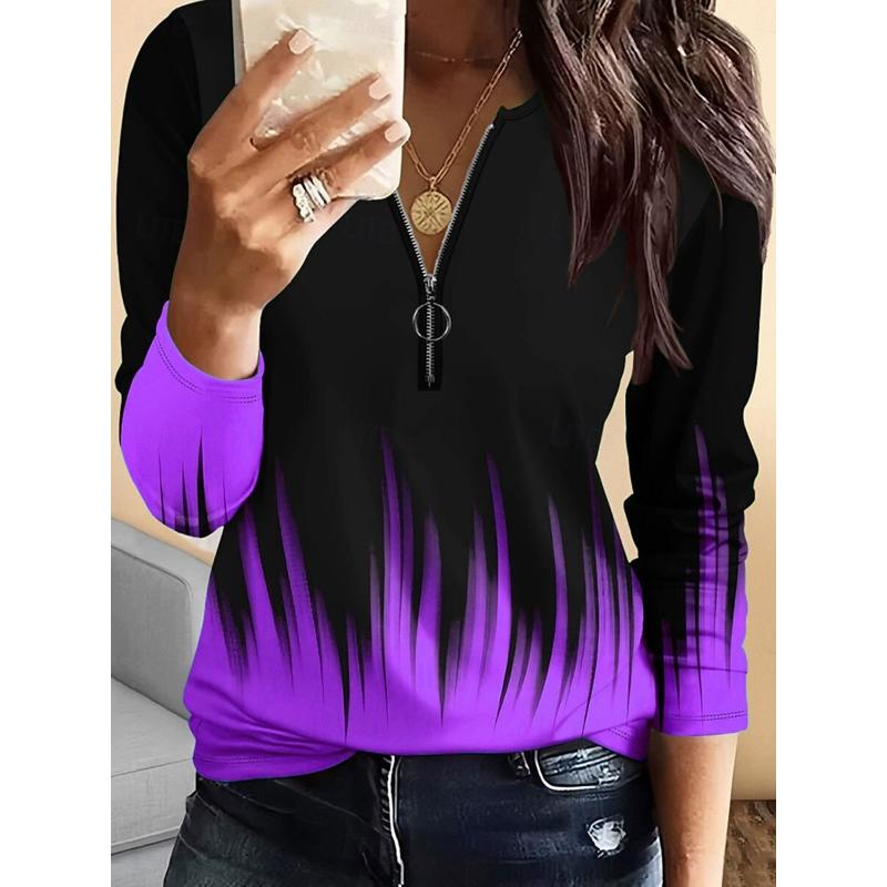 Women's T Shirt Ombre Graphic Vintage Fashion Stylish Long Sleeve Crew Neck Regular Tops Daily Zipper Print Yellow Blue