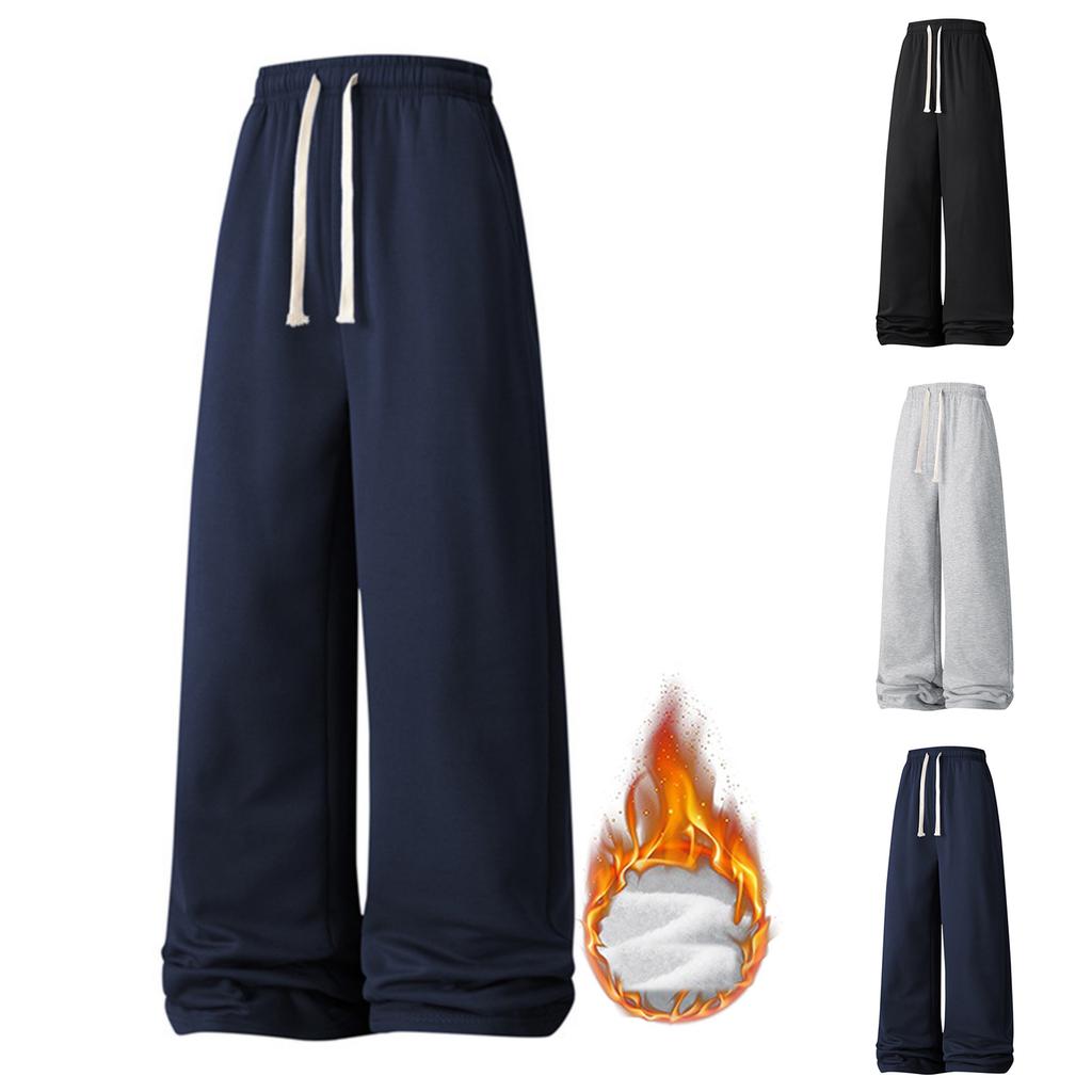 Men's Solid-color Casual Sportswear Pants, Men's Thin Fleece Drawstring Straight-leg Loose Flat-mouth Sweatpants