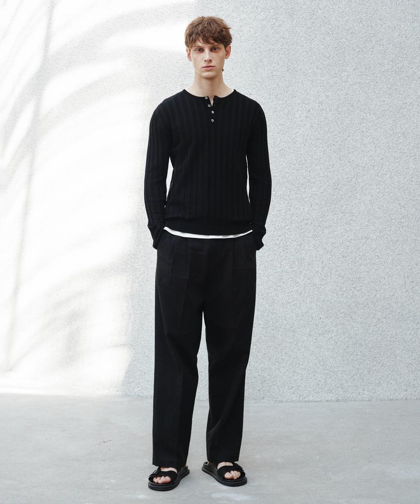 Jeilium Owens Linen Double-Pleated Elastic Trousers Black