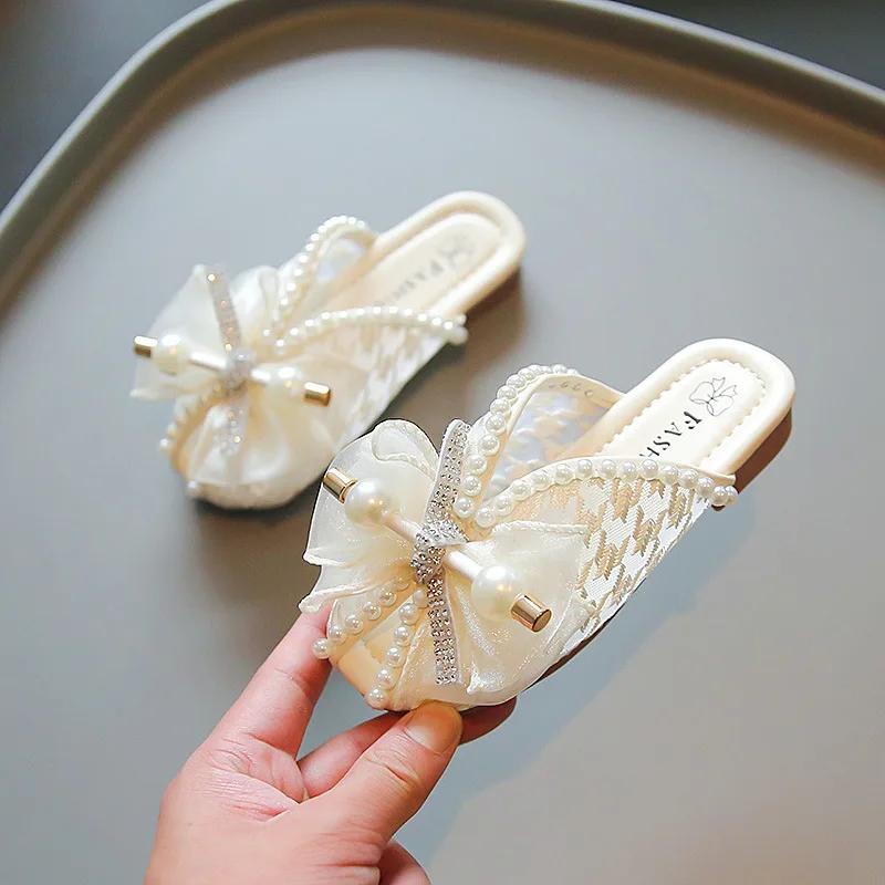 Girl's Lace Mesh Peep Top 2026 Summer New Fashion Children‘s Soft Sole Simple Pearl Bow Covered Toes Princess Shoes for Vacation