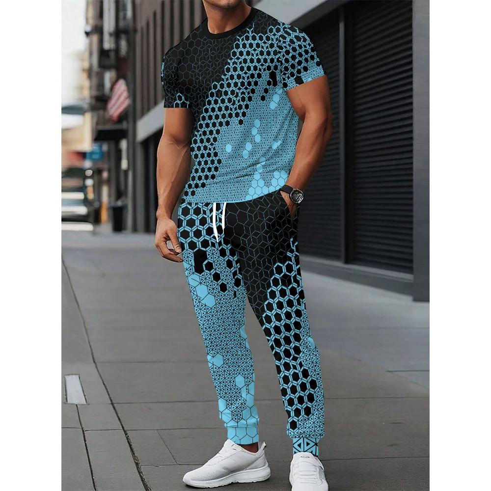 Summer New Men's Short-Sleeved Long Pants Set with 3D Pattern Printing for Street Casual Fashion Soft and Comfortable