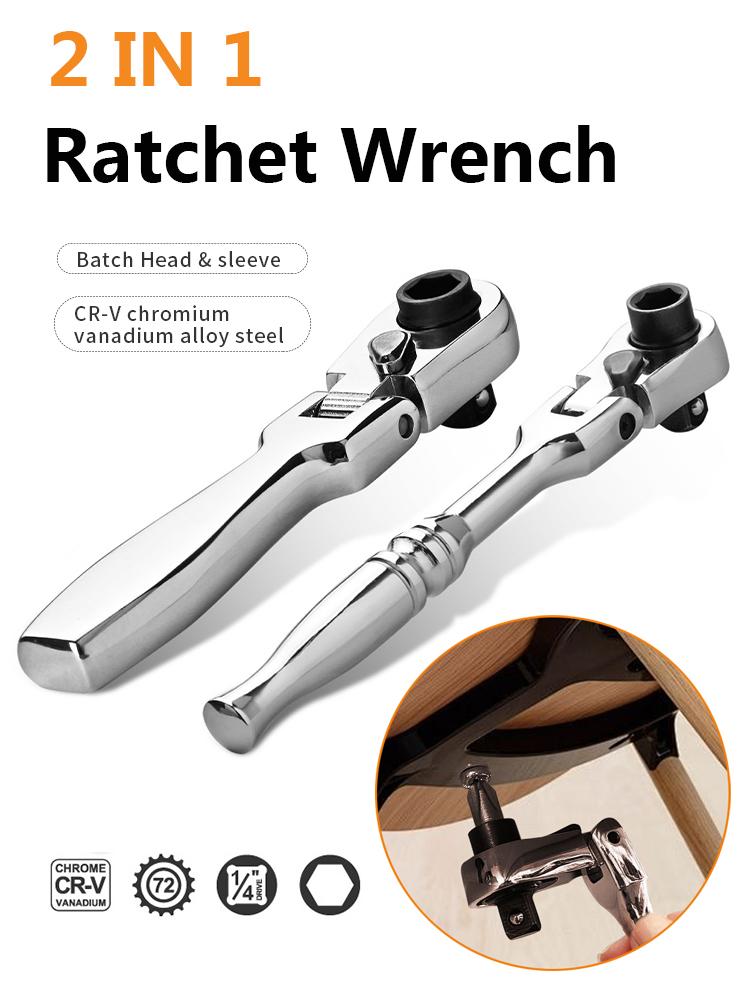 1/4 Double Ended 72 Teeth Quick Spanner Tool Screwdriver Socket Bit 2 In 1 Round Handle Ratchet Wrench DIY Home Repair Hand Tool