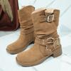 Fashion Fashion Metal Decor Mid Calf Boots for Women Khaki Faux Suede Chunky Heel Combat Booties Woman Autumn Winter Slip On Botas Mujer