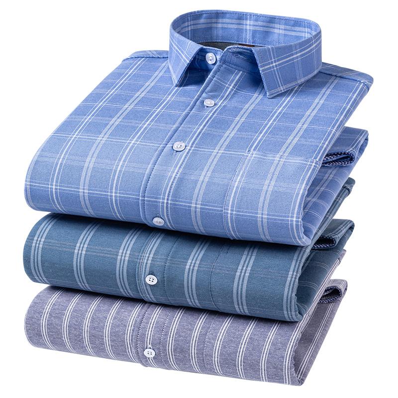 Winter Cotton Oxford Casual Shirts Striped  Plaid Business Men Long Sleeve Warm Shirt 2 Layers