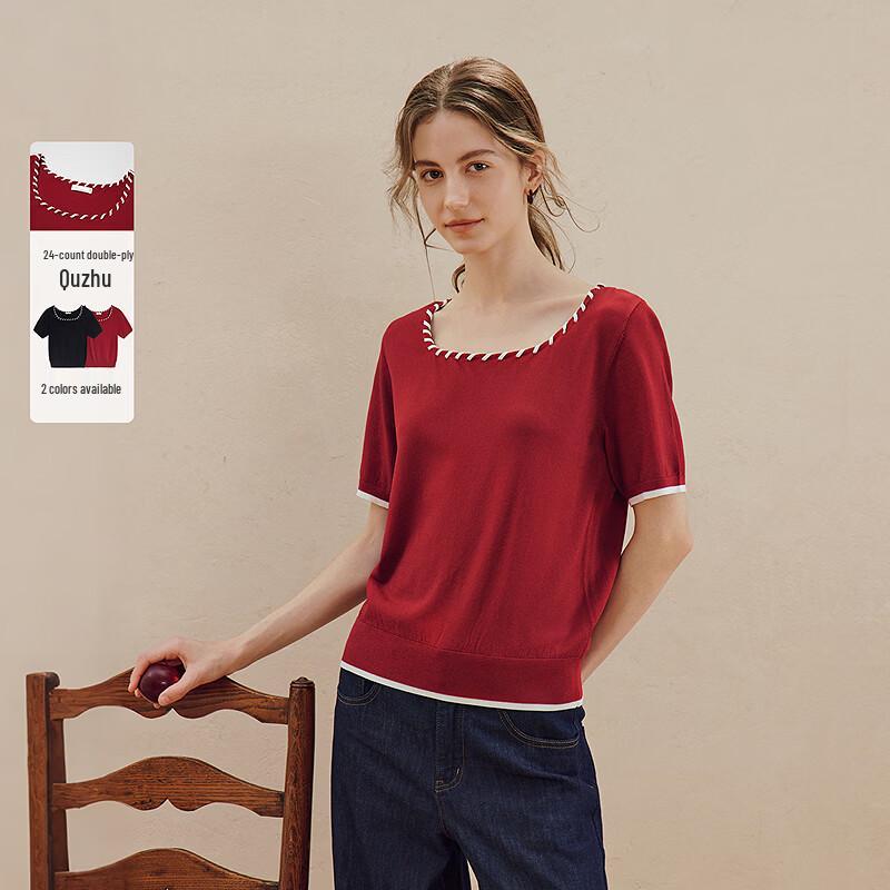 INMAN Ribbed Square Collar Short Sleeve Knit Top M