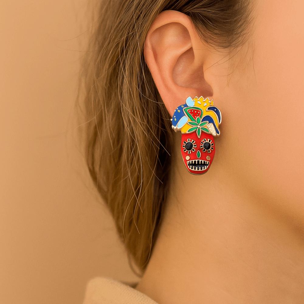 Personality Vintage Earring Rhinestone Enamel Skeleton Stud Earrings  Women