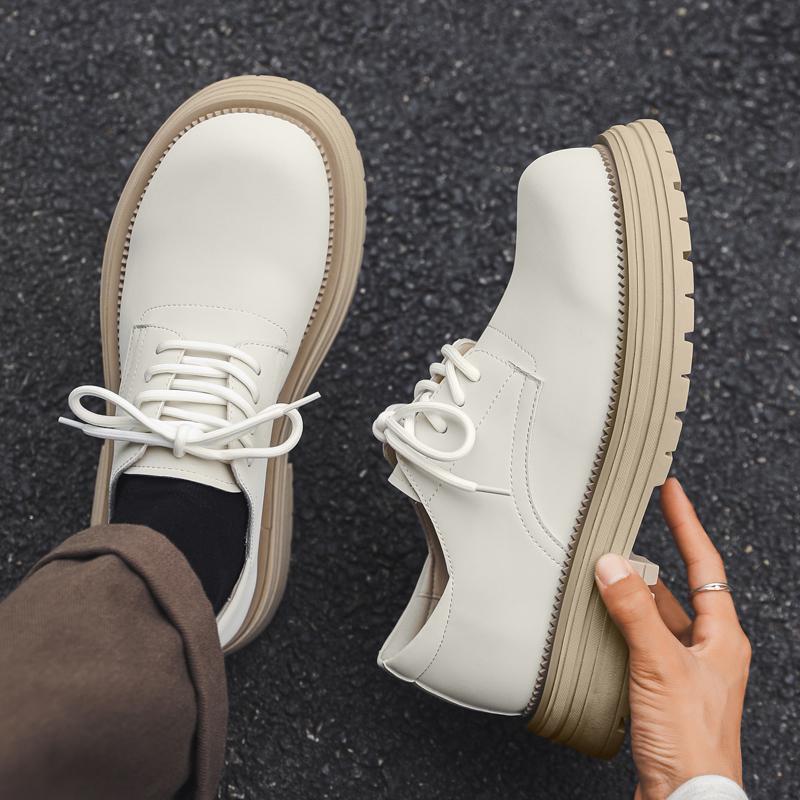 British Style Men's Oxford Shoes Round Toe Thick Soled Business Derby Casual Shoes Outdoor Travel Wear-resistant Leather Shoes