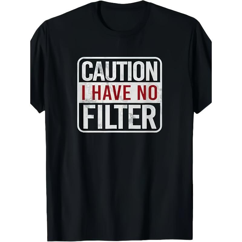 Европейские размеры Мужская юмористическая сатирическая футболка  Я без фильтра  - Повседневная с круглым вырезом, слегка эластичная, черная с красным и белым текстом S