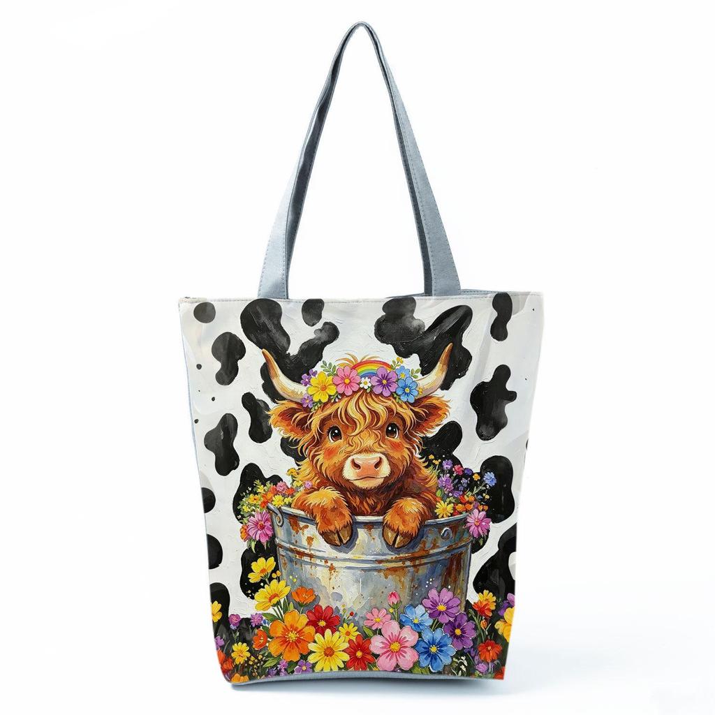Highland Cow Print Single Shoulder Tote Bag - Large Capacity, Fashionable Zipper Handbag