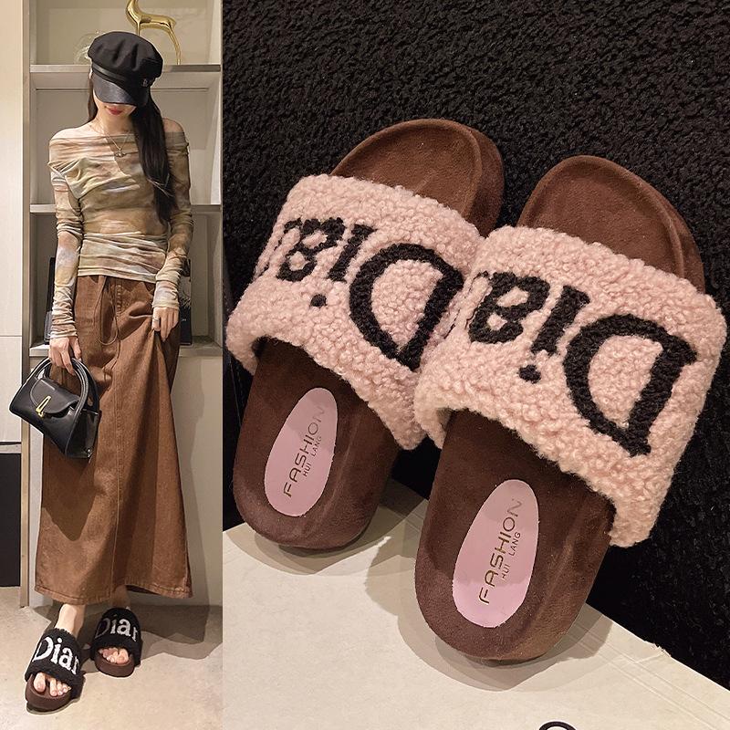 thick-soled letter Mao Mao slippers women's 2025 autumn and winter new Korean version soft-soled Mao slippers home comfort cotton drag women's shoes