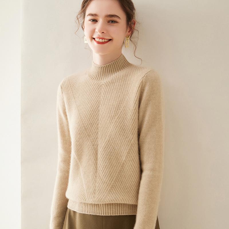Women's High Neck Cashmere Knit Sweater - Thickened Loose Fit Pullover for Autumn/Winter