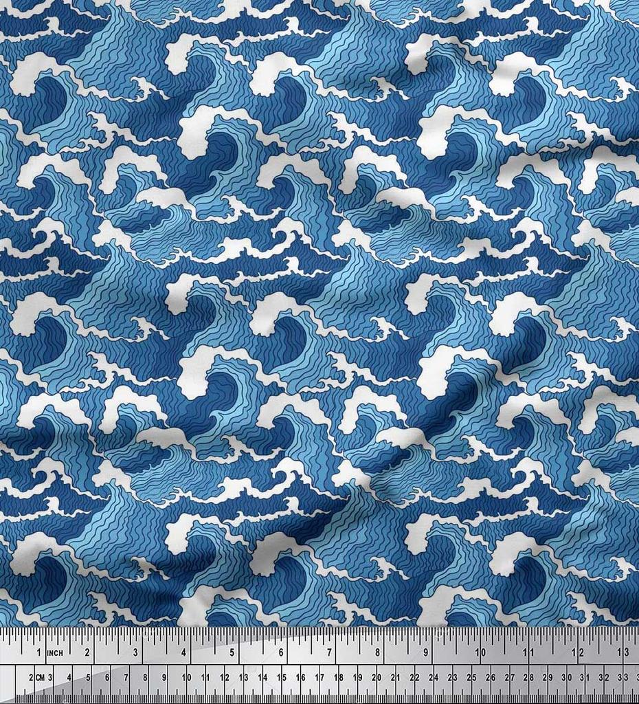 Soimoi Japan Crepe Satin Fabric Waves Shirting Decor Fabric Printed Metre 42 Inch