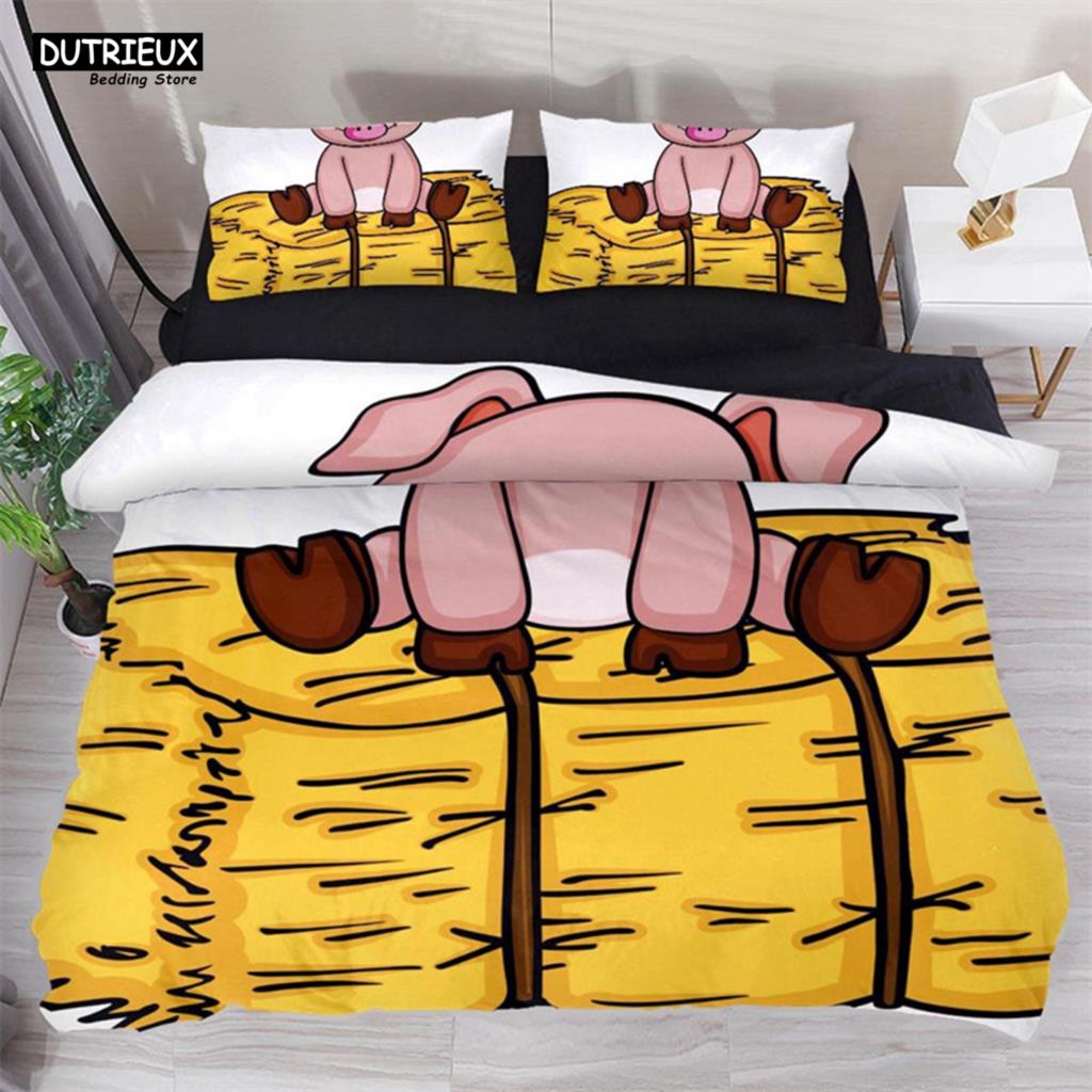Cartoon Lovely Pig Duvet Cover Set Kawaii Animal Bedding Set King Microfiber Farmhouse Wildlife Theme Comforter Cover Pillowcase