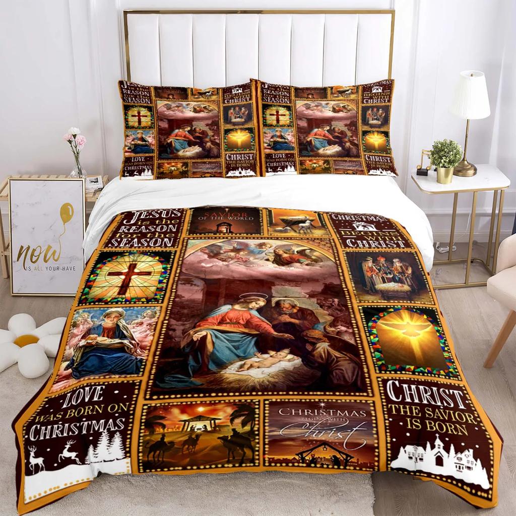 Bettwäscheset mit der Jungfrau Maria und Jesus, Halloween-Horrorfilm, Bettbezüge, Kinderbettwäsche, Dekor, Bettwäsche mit Kissenbezug, kein Laken, 3-teilig