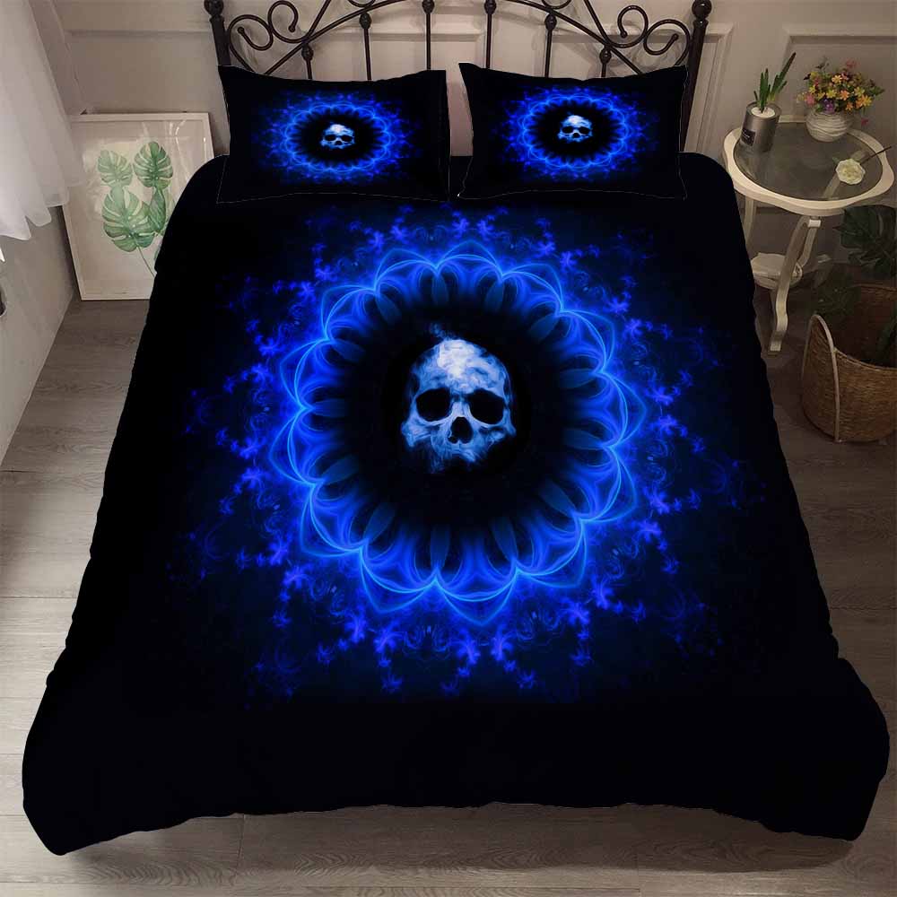 Terror Skull Svart Bakgrund Påslakanset Halloween Sovrum Täcke Örngott Sängkläder Blått Ljus Ben Dubbel Enkelt 2/3 st