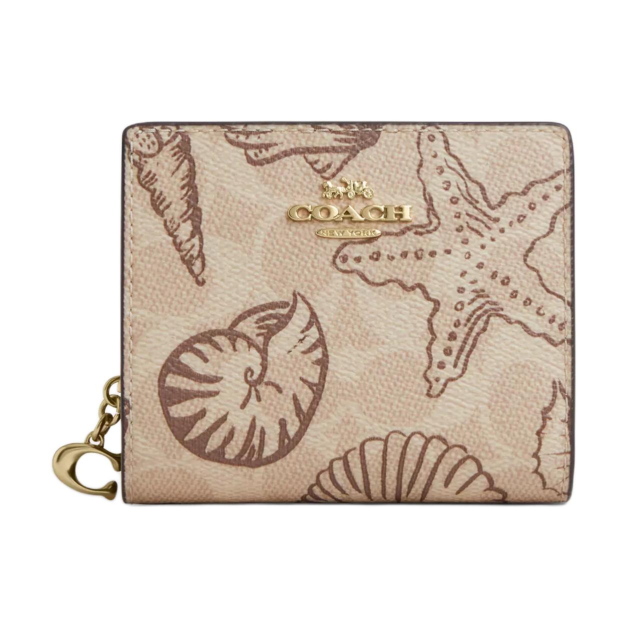 Coach Snap Wallet Signature 11 Shell Print Logo Metal Accents Coated Canvas Wallet Women wallet Beige CBO72-IMSAS Sand