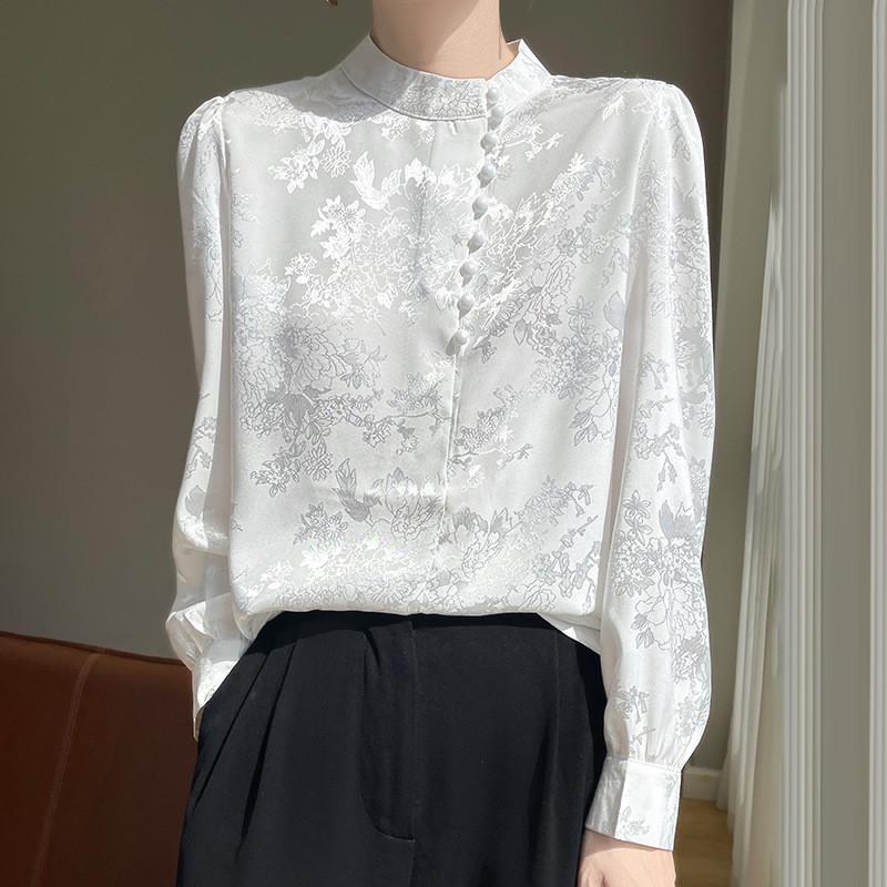 Satinseidenbluse für Damen mit Stehkragen und Taschen für Büro und Freizeit