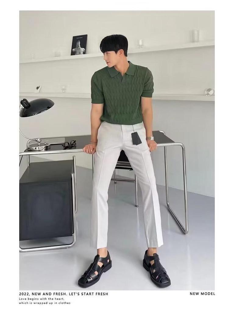 Men's Summer Slim Fit Polo Shirt - Korean Style, Turn-Down Collar, Solid Color, Casual Thin Knit