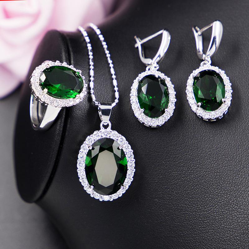 European-American Zircon Jewelry Set: Ring, Necklace, Earrings - Three-Piece Inlaid Zircon Collection
