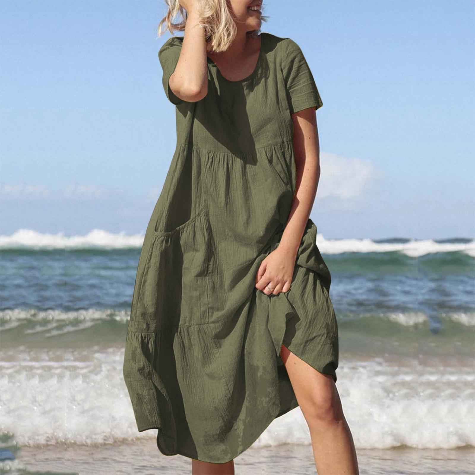 

Women s Cotton Linen Round Neck Short Sleeve Dress Summer Midi Dresses With Pockets