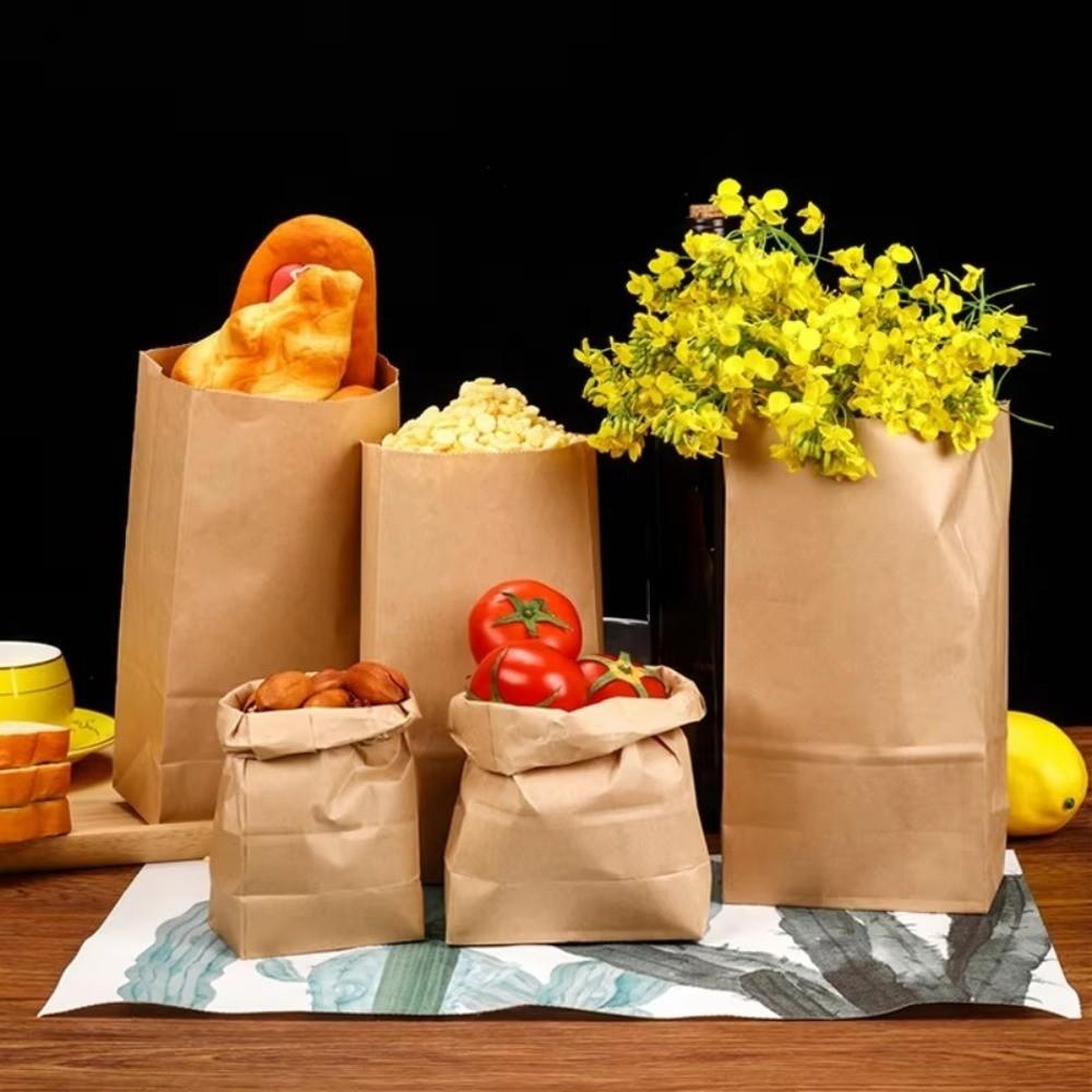 50pcs Square-bottom Kraft Paper Bag Not Oil Proof Takeout Bag Disposable Food Packaging Bag  Fruit