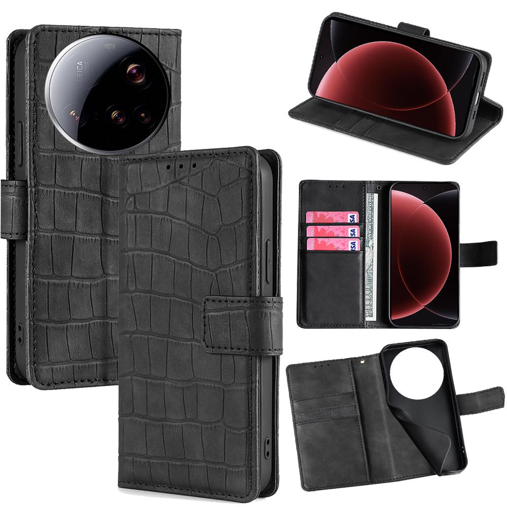 

For Xiaomi 15 Ultra Case Crocodile Texture PU Leather Phone Cover Black