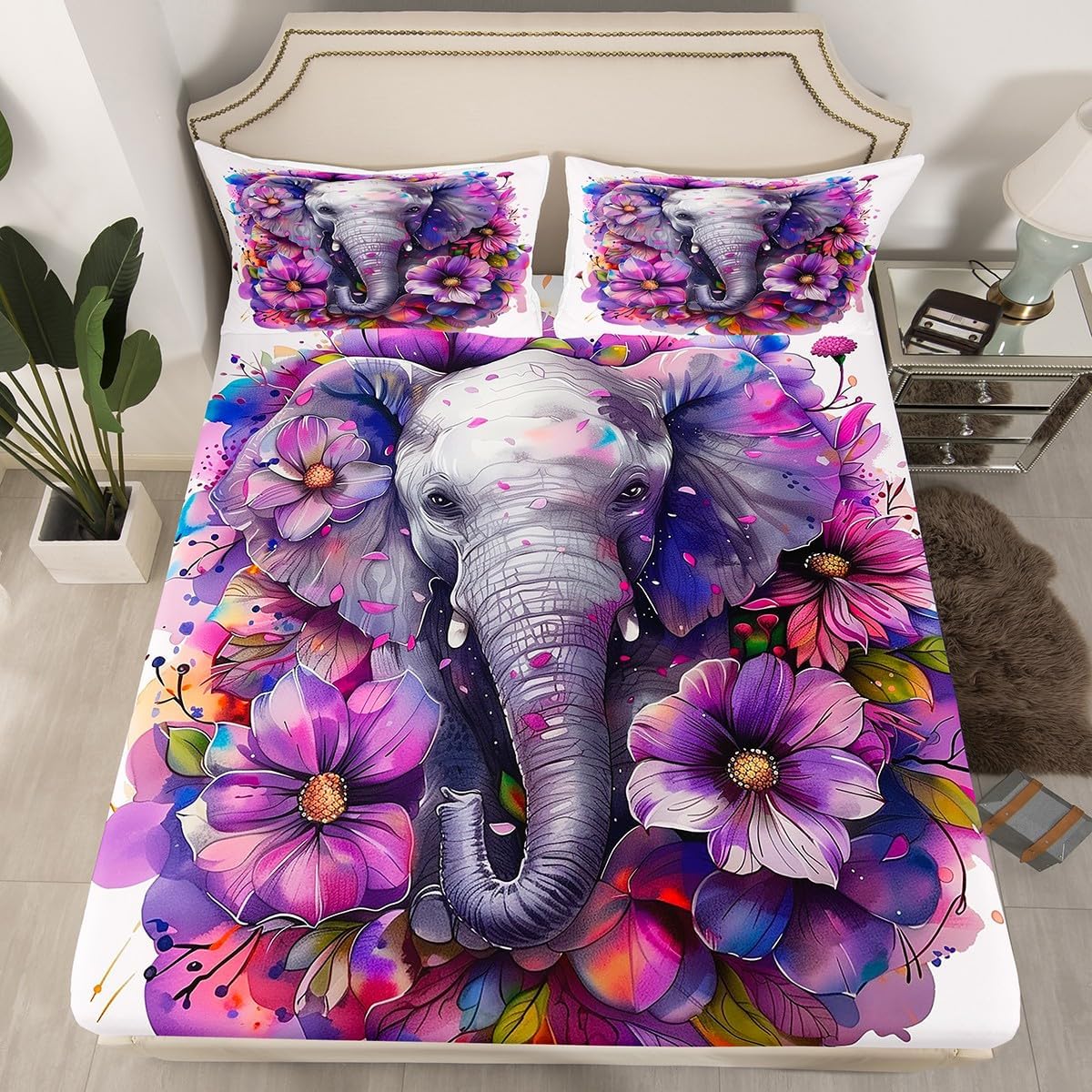 

Elephant Fitted Sheet Single Size, Bedding Set 2pcs for Kids Girls Adult Room Decor, Cartoon Bed Cover with 1 Pillowcase 90x200cm