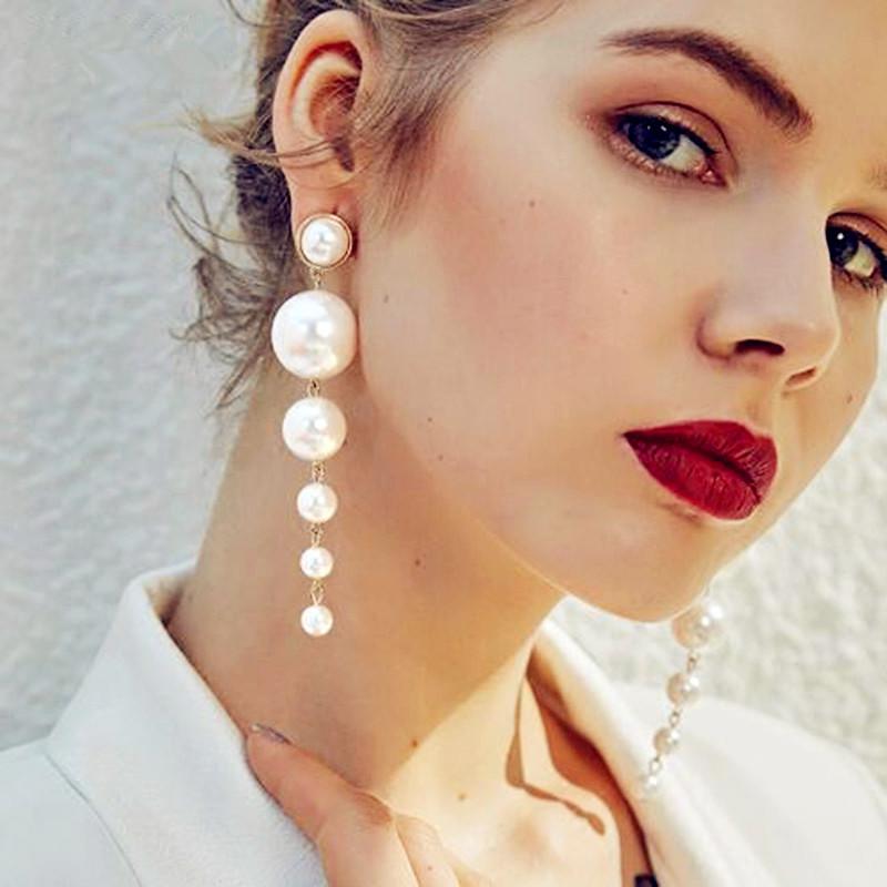 New Fashion Personality Simple Elegant Pearl Long Earring Style Large Imitation Pearl Pendant Earring Wedding Party Gift