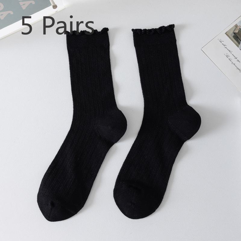 5 par sommer tynne dame sokker med treørekant, midt på leggen, pustende mesh, nuppefrie bomullssokker, stablede Lolita-sokker