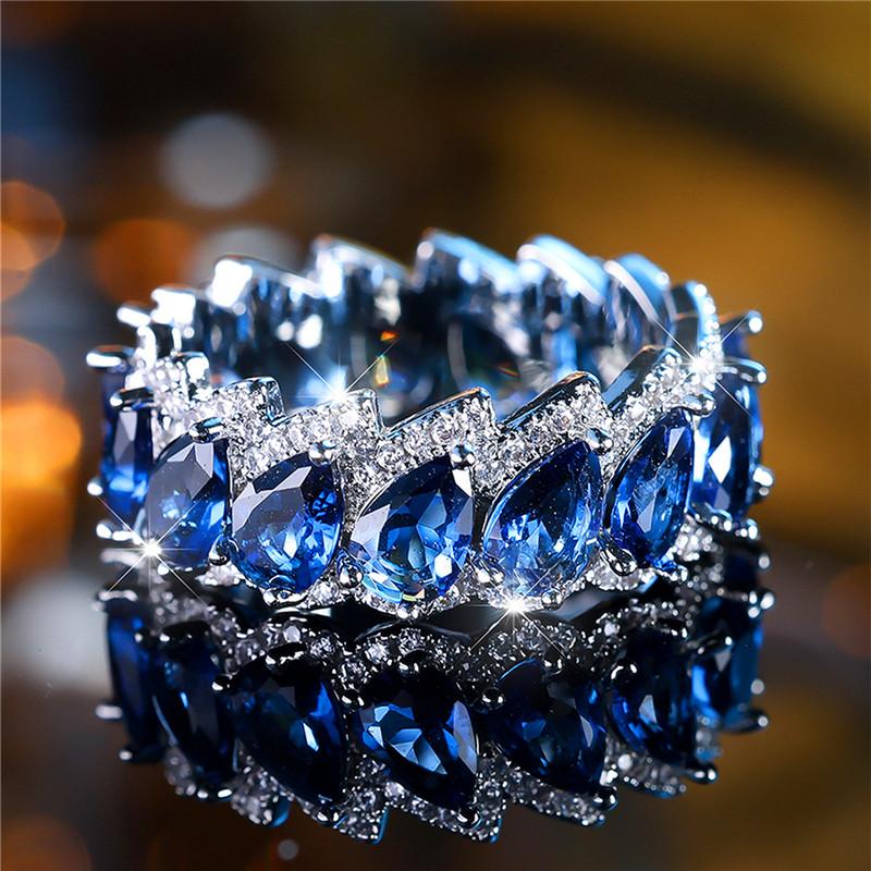 

Роскошное женское помолвочное кольцо с синим цирконовым камнем в форме капли воды, модное серебристого цвета, свадебное украшение для невесты, подарок для женщин 6