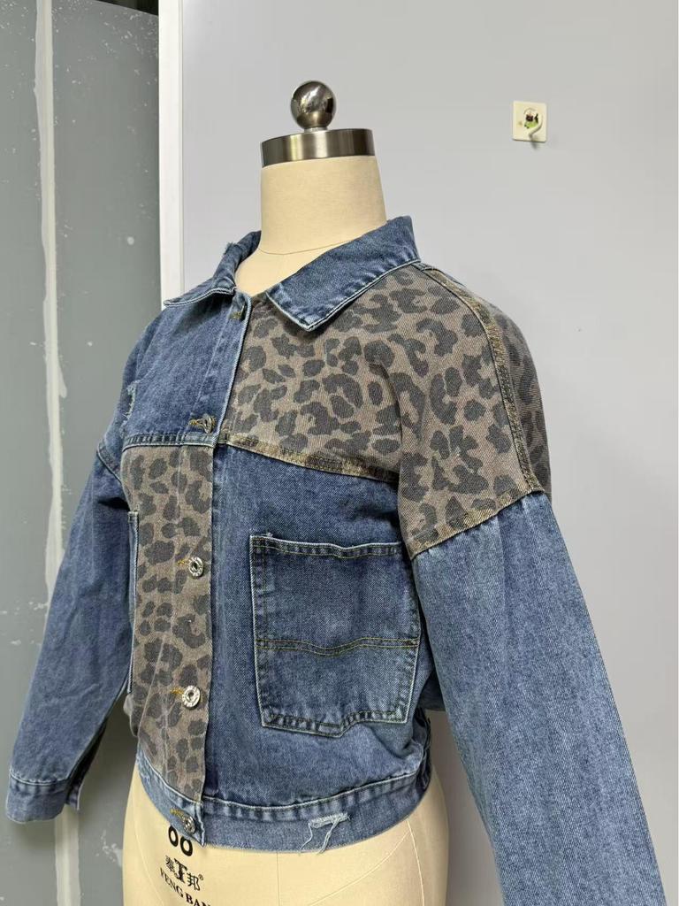 Leopard Print Denim Short Jacket for Women - European & American Spring/Autumn Collection