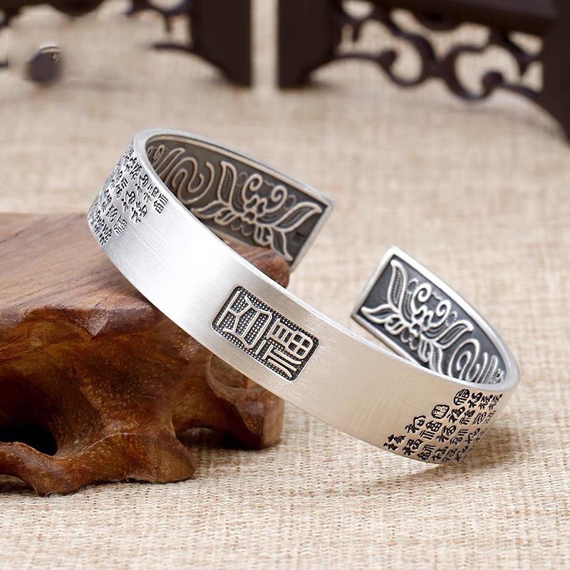 Ten Thousand Silver 9999 Hundred Blessings Bracelet, Pure Silver Retro Flower Jewelry, Mother's Day New Year Gift for Mom and Grandma