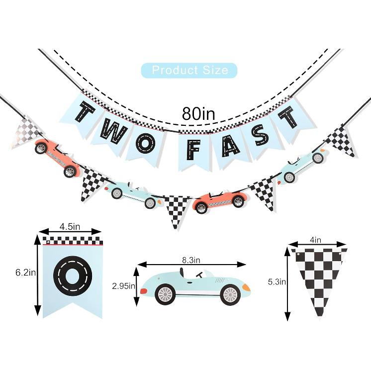Two Fast Banner - Two Fast Birthday Decorations,Racing Second Birthday Decorations,Race Car Party Flag Banner