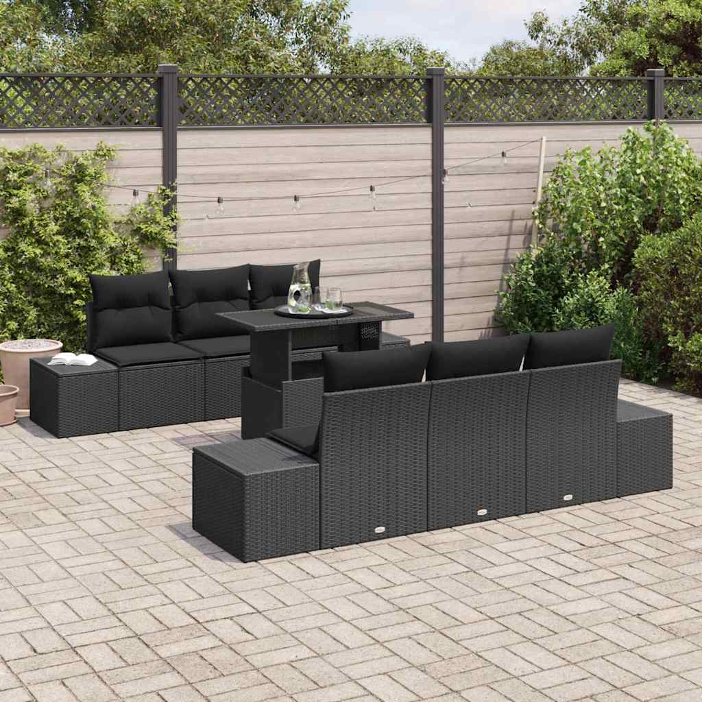7 Piece Sofa Set with Cushions Black Poly Rattan